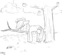 Size: 1800x1600 | Tagged: safe, artist:passigcamel, applejack, g4, eyes closed, female, monochrome, newbie artist training grounds, smiling, solo, tree, tree branch