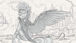 Size: 2200x1238 | Tagged: safe, artist:yakovlev-vad, rainbow dash, pegasus, pony, amputee, artificial wings, augmented, deus ex, female, goggles, grin, looking back, mechanical wing, monochrome, prosthetic limb, prosthetic wing, prosthetics, sitting, sketch, smiling, solo, spread wings, wings
