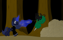 Size: 2009x1272 | Tagged: safe, artist:minty candy, oc, oc only, oc:aerith, alicorn, insect, pony, fallout equestria, fallout equestria: empty quiver, alicorn oc, blood, forest, gun, hive, magic, outdoors, solo, story, telekinesis, tree, weapon