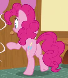 Size: 363x417 | Tagged: safe, screencap, pinkie pie, earth pony, pony, 28 pranks later, g4, my little pony: friendship is magic, bipedal, butt, cropped, female, mare, plot, solo