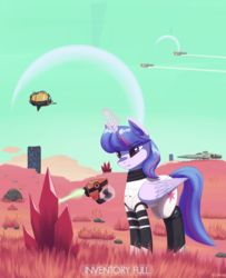 Size: 2500x3083 | Tagged: safe, artist:mrscroup, twilight sparkle, alicorn, pony, g4, :t, clothes, crossover, crystal, female, glare, gun, high res, levitation, magic, no man's sky, scrunchy face, solo, spaceship, suit, telekinesis, twilight sparkle (alicorn), weapon