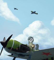 Size: 3500x3850 | Tagged: safe, artist:mrscroup, marble pie, equestria at war mod, g4, air force, clothes, cloud, female, fighter, high res, la-5, military, plane, sky, solo, soviet, world war ii