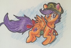 Size: 2348x1609 | Tagged: safe, artist:snowfoxythefox, scootaloo, pegasus, pony, 28 pranks later, g4, badge, chest fluff, clothes, colored, colored pencil drawing, colored sketch, cute, cutealoo, cutie mark, female, filly, filly guides, hat, jumping, pencil, pencil drawing, ribbon, sash, scootalove, simple background, small wings, smiling, solo, spread wings, tail bow, the cmc's cutie marks, traditional art, uniform, wings