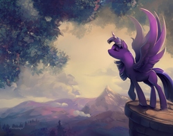 Size: 1280x1006 | Tagged: safe, artist:viwrastupr, twilight sparkle, alicorn, pony, g4, eyes closed, female, ledge, mountain, scenery, solo, speedpaint, spread wings, tree, twilight sparkle (alicorn)