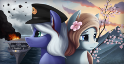 Size: 3677x1912 | Tagged: safe, artist:mrscroup, oc, oc only, unnamed oc, pony, aircraft carrier, battle of midway, cap, crying, duo, eyebrows, female, fire, flower, flower in hair, frown, hat, high res, history, ijn hiryu, imperial japanese navy, japan, japanese empire, mare, mountain, navy, ocean, smoke, tree, world war ii
