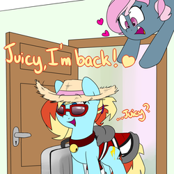 Size: 1280x1280 | Tagged: safe, artist:victoreach, oc, oc only, oc:honey wound, oc:juicy dream, pony, duo, female, lesbian, mare, sunglasses