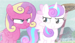 Size: 590x338 | Tagged: safe, artist:rcrity, edit, princess flurry heart, princess skyla, alicorn, pony, g4, crystal sisters, cute, female, filly, grumpy, older, older flurry heart, older skyla, parent:princess cadance, parent:shining armor, siblings, sisters