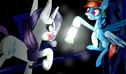 Size: 849x500 | Tagged: safe, artist:symphstudio, rainbow dash, rarity, 28 pranks later, g4, cookie zombie, lantern, rainbow muzzle, scene interpretation