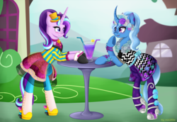 Size: 2881x1977 | Tagged: safe, artist:mailner, starlight glimmer, trixie, pony, unicorn, g4, clothes, crossover, curved horn, drink, ever after high, female, horn, lesbian, mare, ship:startrix, shipping, table