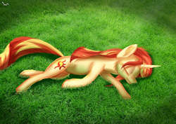 Size: 2480x1754 | Tagged: safe, artist:sintakhra, sunset shimmer, pony, unicorn, g4, female, sleeping, solo