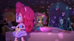 Size: 849x473 | Tagged: safe, screencap, applejack, fluttershy, pinkie pie, rarity, equestria girls, g4, dance off, doll, equestria girls minis, female, irl, photo, toy, youtube link