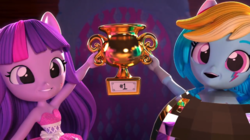 Size: 852x476 | Tagged: safe, screencap, rainbow dash, twilight sparkle, equestria girls, g4, armpits, dance off, disco ball, doll, equestria girls minis, female, irl, photo, toy, trophy, youtube link