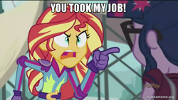 Size: 800x450 | Tagged: safe, edit, edited screencap, screencap, sci-twi, sunset shimmer, twilight sparkle, equestria girls, g4, my little pony equestria girls: friendship games, caption, image macro, makeameme.org, meme, south park, sunset yells at twilight, they took our jobs