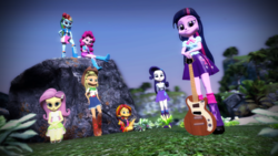 Size: 1920x1080 | Tagged: safe, artist:johnflaherty, applejack, fluttershy, pinkie pie, rainbow dash, rarity, spike, sunset shimmer, twilight sparkle, human, equestria girls, g4, 3d, boots, electric guitar, gmod, guitar, high heel boots, humane six, kneeling, looking at you, mane six, musical instrument, rock, sitting