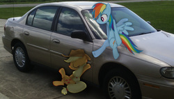 Size: 924x525 | Tagged: safe, artist:riniginianna, applejack, rainbow dash, g4, car, chevrolet, chevrolet malibu, chevy, driveway, irl, photo, ponies in real life, shadow, sitting, vector