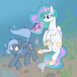 Size: 724x724 | Tagged: safe, artist:lulubell, princess celestia, oc, oc:panne, alicorn, bat pony, fish, pony, g4, bubble, female, mare, underwater