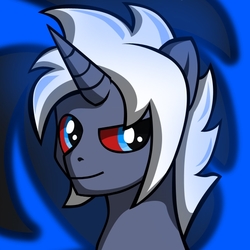 Size: 600x600 | Tagged: safe, artist:galli, oc, oc only, oc:steel crescent, dracony, hybrid, blue eyes, horn, white hair