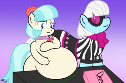 Size: 2840x1877 | Tagged: safe, artist:zeldafan777, coco pommel, photo finish, earth pony, pony, fanfic:a little cream for a lotta coco, g4, belly, big belly, coco pudge, fanfic, fanfic art, fanfic cover, fat, gut rest, stomach noise