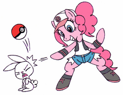 Size: 1400x1074 | Tagged: safe, artist:neoeclipseworld, angel bunny, pinkie pie, earth pony, pony, rabbit, g4, animal, bipedal, clothes, crossover, female, hat, hilda (pokémon), jeans, male, mare, pants, poké ball, pokémon, short jeans, simple background, white background