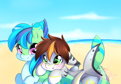 Size: 2015x1406 | Tagged: safe, artist:mrsremi, oc, oc only, oc:guppy gills, oc:lekrius, original species, shark pony, beach, duo