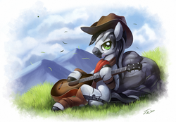 Size: 1200x828 | Tagged: safe, artist:tsitra360, oc, oc only, oc:frontier ballad, zebra, acoustic guitar, bandana, cute, guitar, hat, musical instrument, signature, smiling, solo