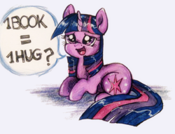 Size: 774x595 | Tagged: safe, artist:buttersprinkle, twilight sparkle, pony, unicorn, g4, book, bookhorse, bronybait, cute, derail in the comments, female, hug request, mare, offering, prices, space discussion in the comments, speech bubble, that pony sure does love books, traditional art, twiabetes