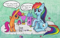 Size: 5789x3675 | Tagged: safe, artist:dustyrose3, princess celestia, rainbow dash, rarity, scootaloo, spitfire, alicorn, pegasus, pony, unicorn, g4, balloon, bipedal, blank flank, castle, colored pencil drawing, dialogue, female, figure, filly, foal, folded wings, hot air balloon, mare, playing, ponies playing with ponies, roleplaying, scootalove, speech bubble, spread wings, talking, toy, traditional art, twinkling balloon, wings