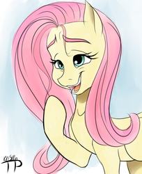 Size: 1077x1318 | Tagged: safe, artist:thethunderpony, fluttershy, g4, female, laughing, sketch, solo, thick eyebrows