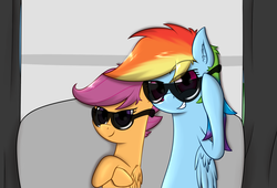 Size: 1544x1050 | Tagged: safe, artist:zogzor, rainbow dash, scootaloo, g4, photobooth, sunglasses