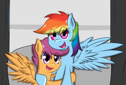 Size: 1544x1050 | Tagged: safe, artist:zogzor, rainbow dash, scootaloo, g4, hug, photobooth, scootalove