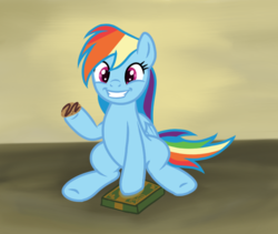 Size: 811x685 | Tagged: safe, rainbow dash, 28 pranks later, g4, cookie, cute, dashabetes, food, grin, happy, hoof hold, sitting, smiling