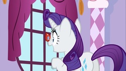 Size: 1100x618 | Tagged: safe, screencap, rarity, pony, canterlot boutique, g4, butt, carousel boutique, female, glasses, mare, plot, scrunchy face, window