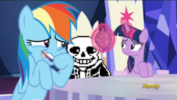 Size: 960x540 | Tagged: safe, edit, edited screencap, screencap, rainbow dash, twilight sparkle, alicorn, pony, 28 pranks later, g4, bone, crossover, crying, discovery family logo, laughing, sans (undertale), skeleton, tears of laughter, twilight sparkle (alicorn), undertale, whoopee cushion