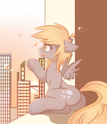 Size: 794x920 | Tagged: safe, artist:s-day, derpy hooves, pegasus, pony, g4, bubble, bubble butt, city, dock, female, mare, sitting, solo