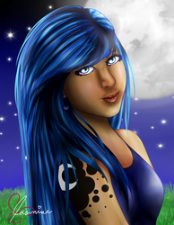 Size: 700x900 | Tagged: safe, artist:jasmine-lotus, princess luna, human, g4, alternative cutie mark placement, clothes, female, humanized, moon, shoulder cutie mark, solo, stars, uncanny valley