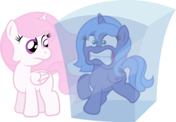 Size: 2007x1394 | Tagged: safe, artist:t-3000, princess celestia, princess luna, g4, bondage, cewestia, cute, encasement, female, filly, filly celestia, filly luna, frozen, gritted teeth, ice, newbie artist training grounds, pink-mane celestia, simple background, transparent background, woona, younger