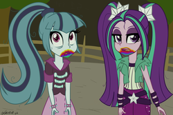 Size: 1024x683 | Tagged: dead source, safe, artist:wubcakeva, aria blaze, sonata dusk, zombie, 28 pranks later, equestria girls, g4, cookie zombie, duo, rainbow muzzle