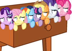 Size: 589x413 | Tagged: safe, artist:creepycurse, part of a set, applejack, fluttershy, pinkie pie, rainbow dash, rarity, starlight glimmer, twilight sparkle, g4, drawer, drowsy drawer ponies, mane six