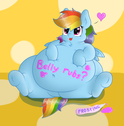 Size: 1402x1426 | Tagged: safe, artist:dullpoint, rainbow dash, g4, belly, belly button, big belly, fat, female, food, frosting, heart, rainblob dash, solo, tubby wubby pony waifu