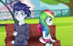 Size: 1024x646 | Tagged: safe, artist:arioodle, rainbow dash, soarin', equestria girls, g4, bench, blushing, equestria girls-ified, female, male, on side, ship:soarindash, shipping, straight