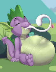 Size: 1280x1629 | Tagged: safe, artist:nummynumz, spike, dragon, mew, g4, belly, eaten alive, fetish, male, on back, pokémon, predation, spipred, tail sticking out, vore