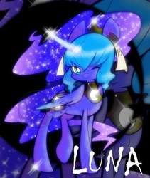 Size: 1136x1349 | Tagged: safe, artist:deathstrums, princess luna, g4, alternate hairstyle, cute, female, glowing horn, horn, looking at you, lunabetes, one eye closed, s1 luna, smiling, solo, wink