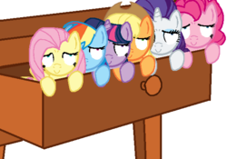 Size: 589x413 | Tagged: safe, artist:spookitty, part of a set, applejack, fluttershy, pinkie pie, rainbow dash, rarity, twilight sparkle, pony, g4, drawer, drowsy drawer ponies, mane six