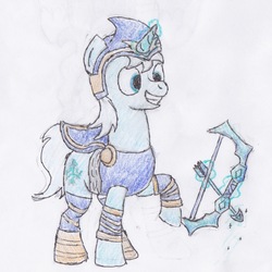 Size: 1500x1500 | Tagged: safe, artist:egg_roll, derpibooru exclusive, pony, arrow, bow (weapon), bow and arrow, clothes, league of legends, newbie artist training grounds, ponified, solo, traditional art, weapon