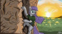 Size: 2690x1490 | Tagged: safe, artist:mannybcadavera, maud pie, earth pony, anthro, g4, arm hooves, clothes, female, rock climbing, scenery, shirt, solo, windswept mane