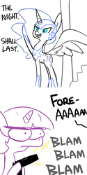 Size: 792x1584 | Tagged: safe, artist:tjpones, nightmare moon, twilight sparkle, alicorn, pony, friendship is magic, g4, comic, female, frown, glare, gun, gun shaped object, handgun, hoof hold, mare, murder, murder is the best solution, pistol, sharp teeth, shooting, simple background, sketch, smiling, smirk, spread wings, this will end in death, this will not end well, twibitch sparkle, weapon, white background