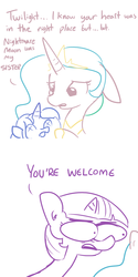 Size: 792x1584 | Tagged: safe, artist:tjpones, princess celestia, princess luna, twilight sparkle, friendship is magic, g4, apathy, bad end, comic, corpse, dead, meme, rude, s1 luna, simple background, sketch, special eyes, this ended in death, twibitch sparkle, white background, x eyes