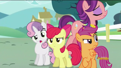 Size: 1280x720 | Tagged: safe, screencap, apple bloom, scootaloo, spoiled rich, sweetie belle, earth pony, pony, crusaders of the lost mark, g4, angry, cutie mark crusaders, excuse me, insulted, open mouth, raised eyebrow, raised hoof, snobby, upset