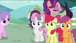 Size: 1280x720 | Tagged: safe, screencap, apple bloom, diamond tiara, scootaloo, spoiled rich, sweetie belle, earth pony, pony, crusaders of the lost mark, g4, cutie mark crusaders, open mouth, raised hoof, sad, wide eyes