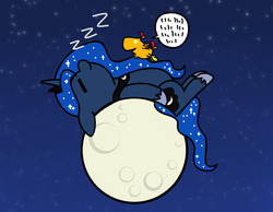 Size: 1280x993 | Tagged: safe, artist:flutterluv, peewee, princess luna, series:flutterluv's full moon, g4, cute, eyes closed, lunabetes, moon, peanuts, peeweebetes, pony bigger than a planet, sleeping, snoopy, tangible heavenly object, woodstock (peanuts), zzz